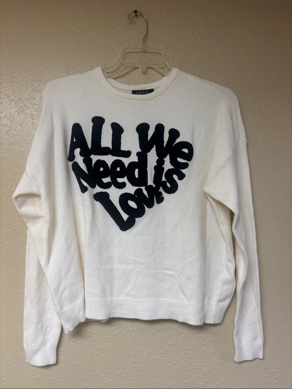 CHARLIE B White Crewneck Sweater with Black 'All We Need is Love' Graphic